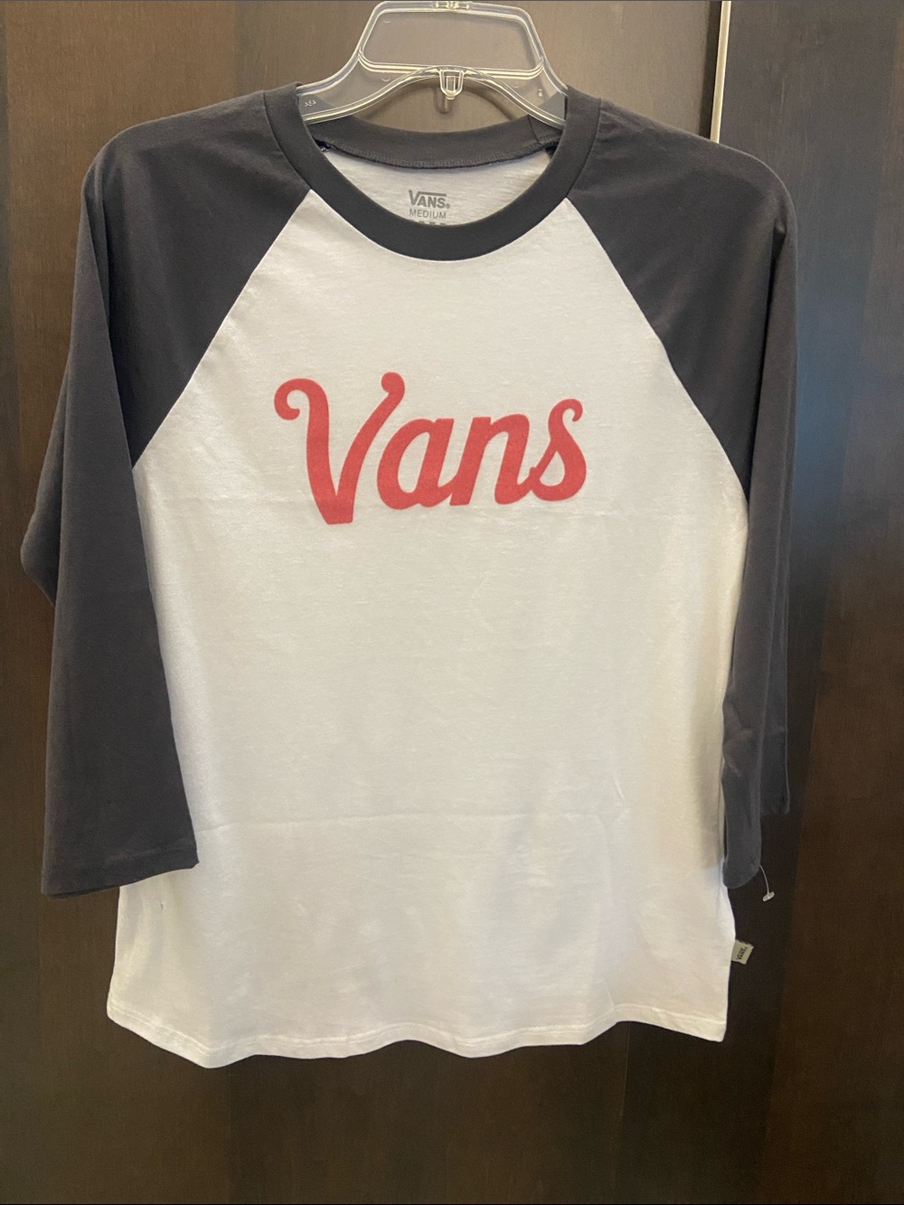 Vans White and Gray Raglan Tee with Pink Logo text (in velour). Size M